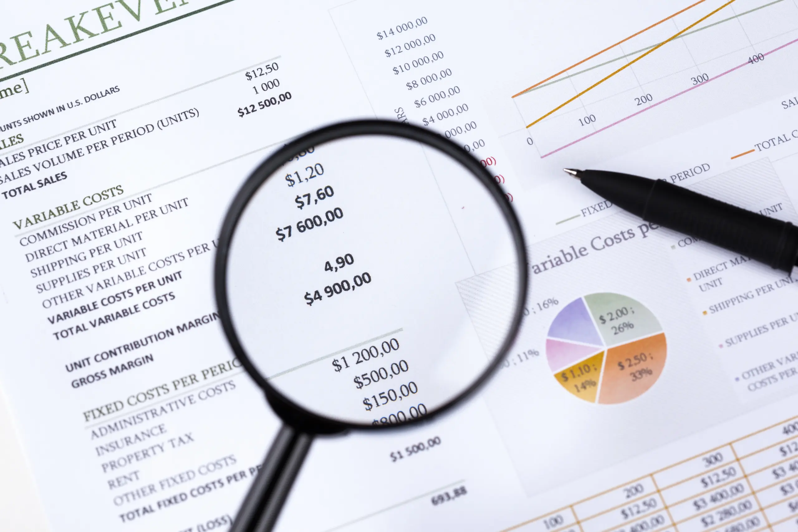 Magnifying glass over marketing and financial reports to spot reporting errors and misleading metrics