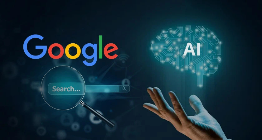 Google search bar and AI brain graphic showing how Dubai businesses can optimise for both AI search and Google search